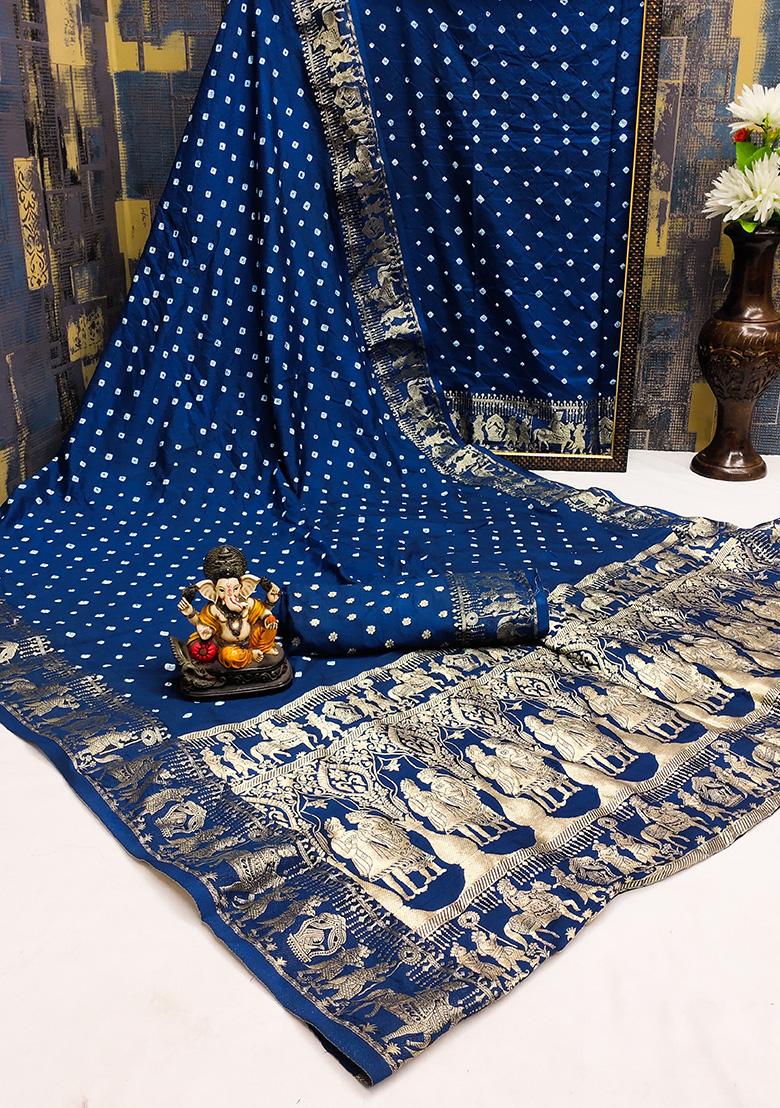 Blue Bandhani Print Silk Saree Set