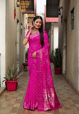 Rani Pink Patola Silk Saree Set