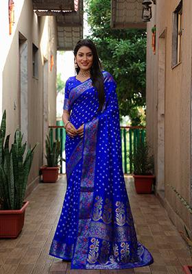Dark Blue Bandhani Print Silk Saree Set