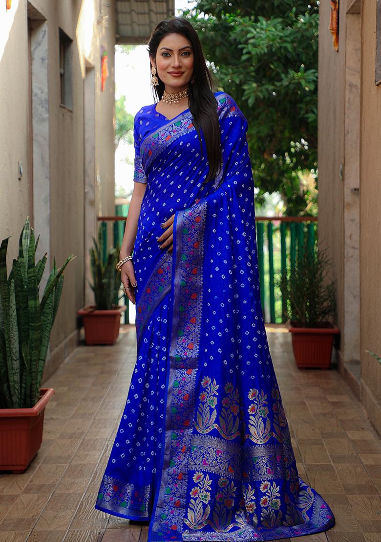 Dark Blue Bandhani Print Silk Saree Set
