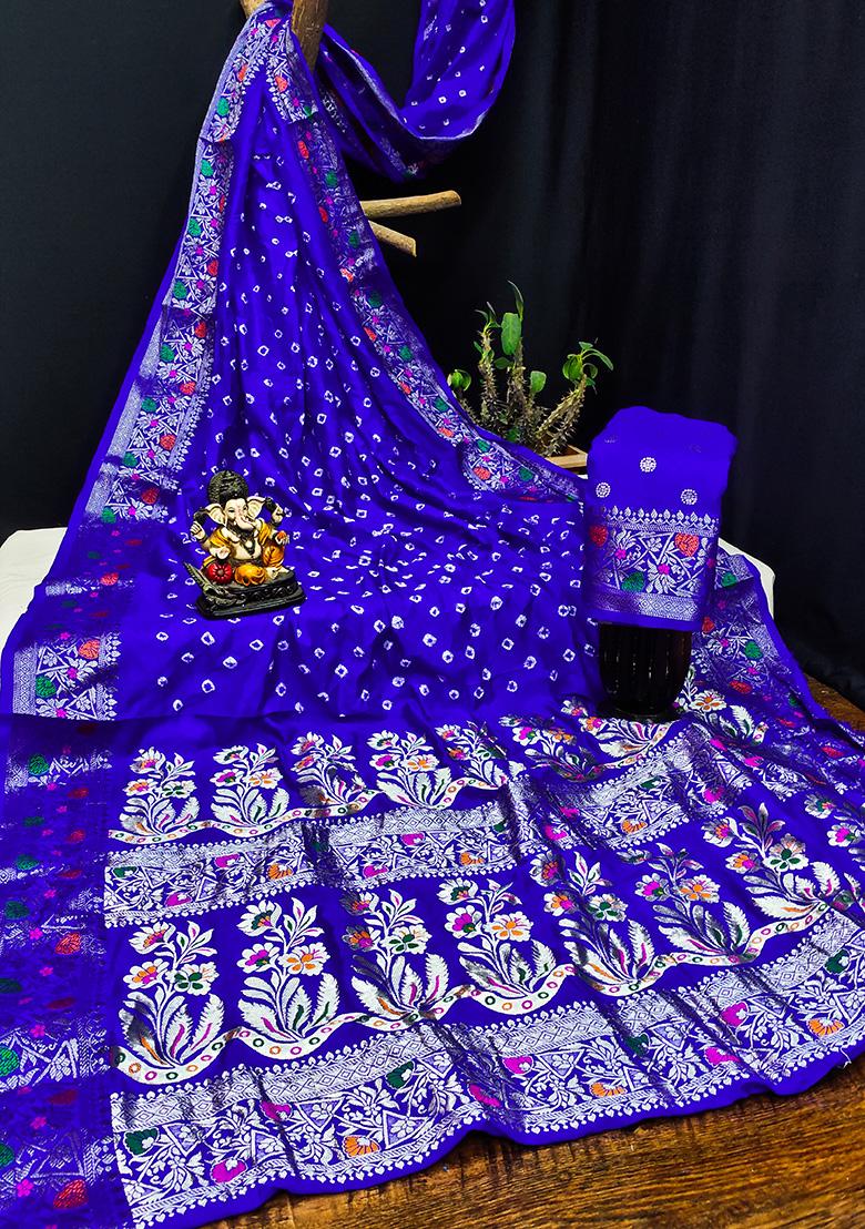 Dark Blue Bandhani Print Silk Saree Set