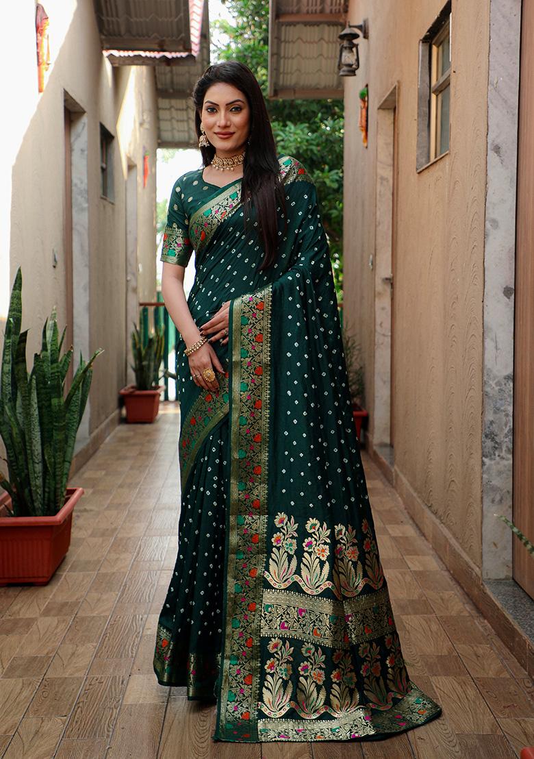 Dark Green Bandhani Print Silk Saree Set