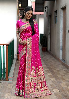 Pink Bandhani Print Silk Saree Set