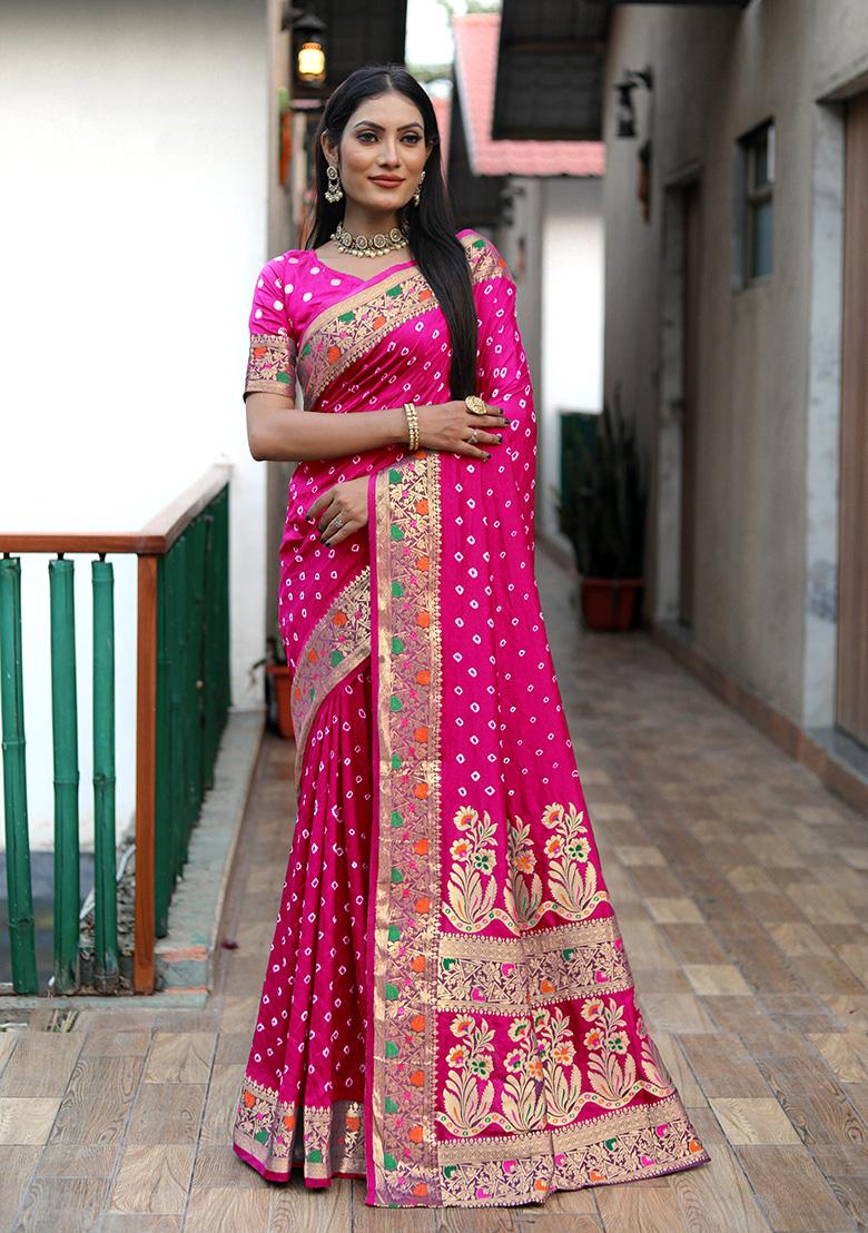 Pink Bandhani Print Silk Saree Set