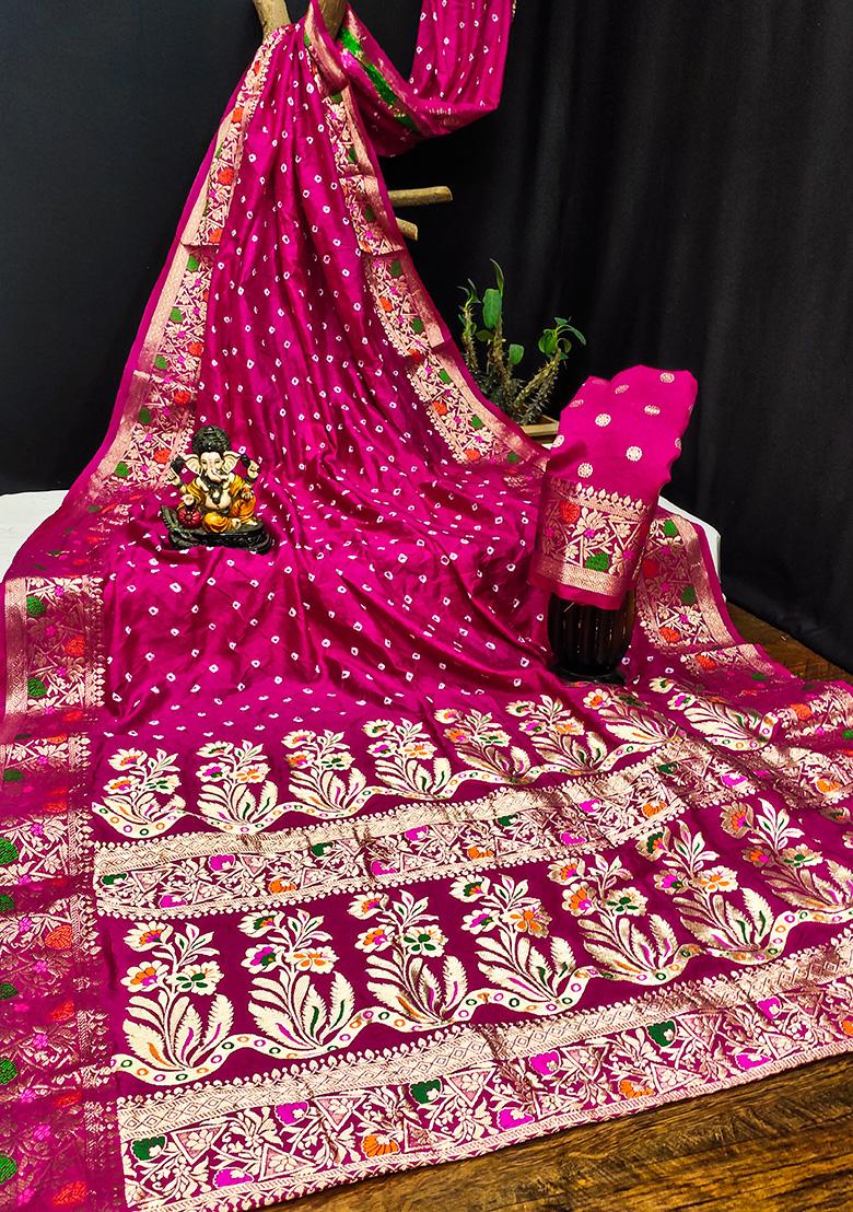 Pink Bandhani Print Silk Saree Set