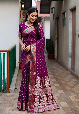 Purple Bandhani Print Silk Saree Set