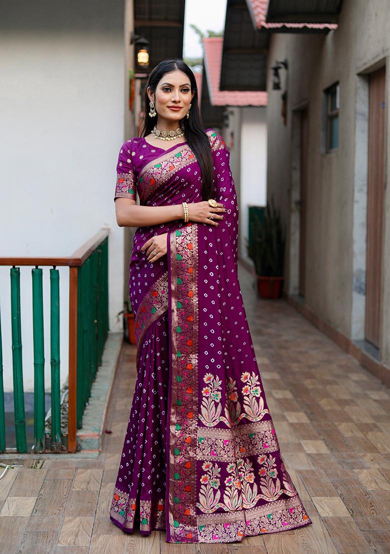 Purple Bandhani Print Silk Saree Set