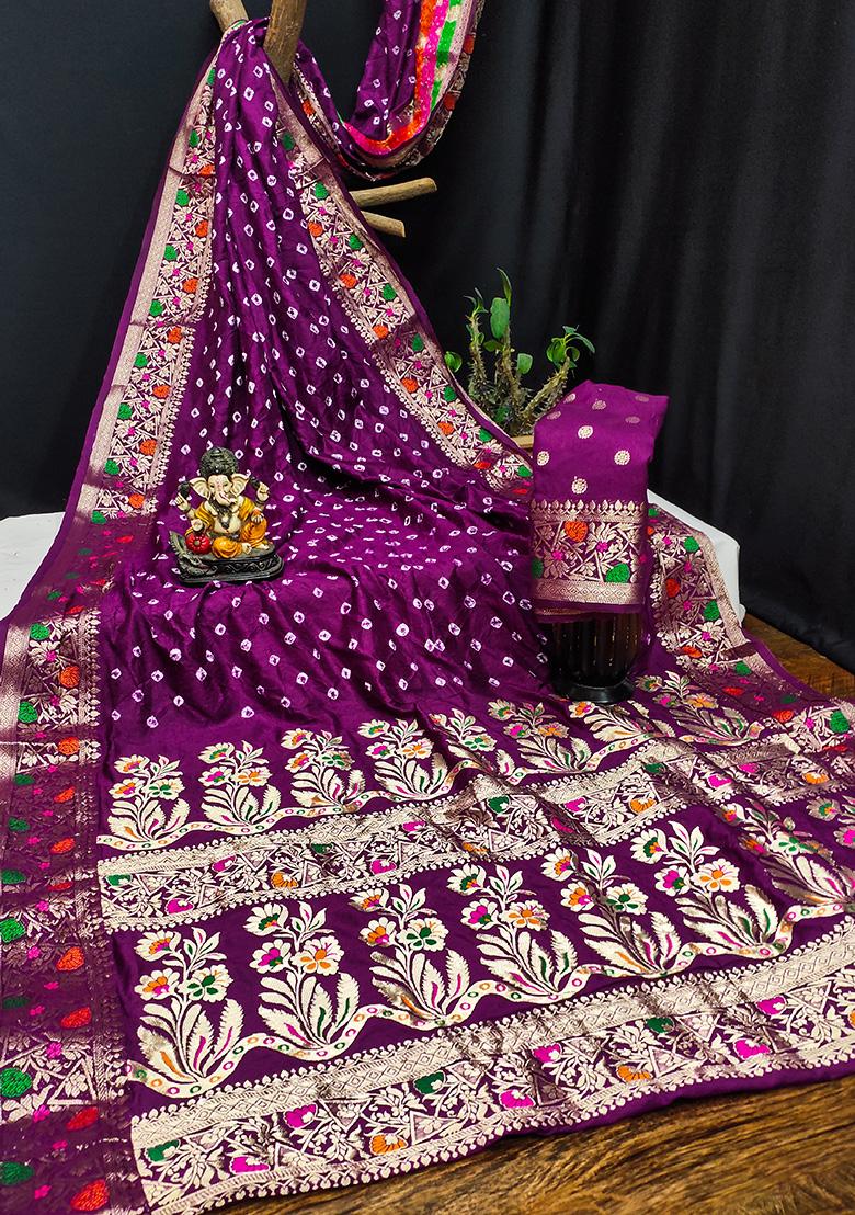Purple Bandhani Print Silk Saree Set