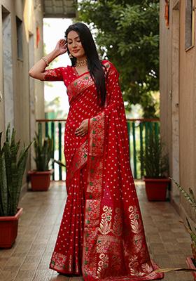 Red Bandhani Print Silk Saree Set