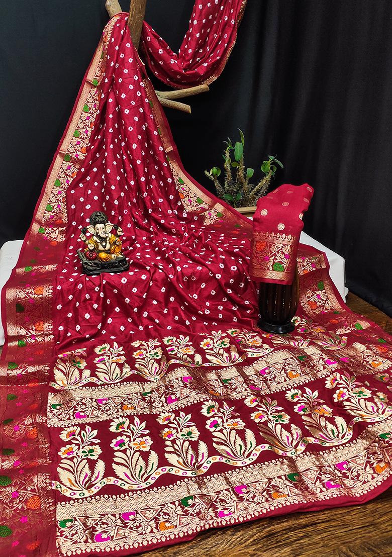 Red Bandhani Print Silk Saree Set