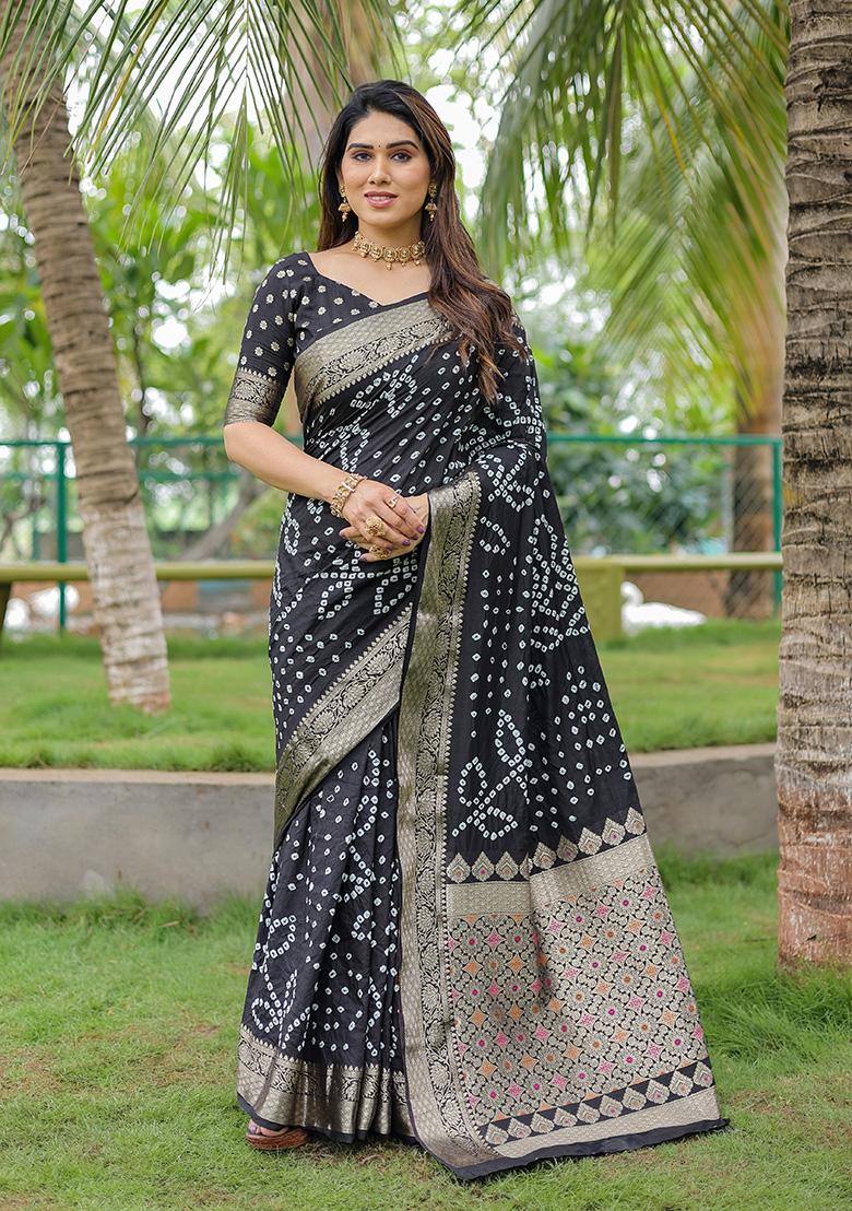 Black Bandhani Print Silk Saree Set