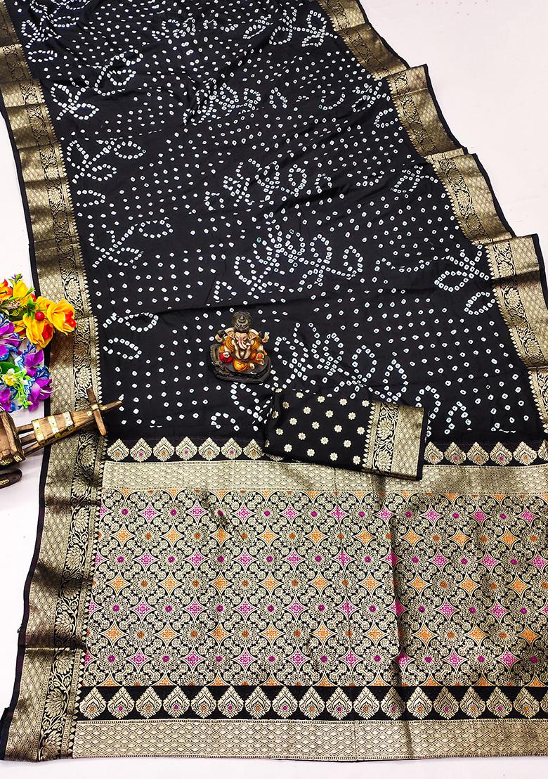 Black Bandhani Print Silk Saree Set