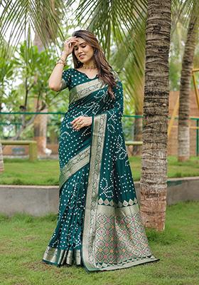 Dark Green Bandhani Print Silk Saree Set