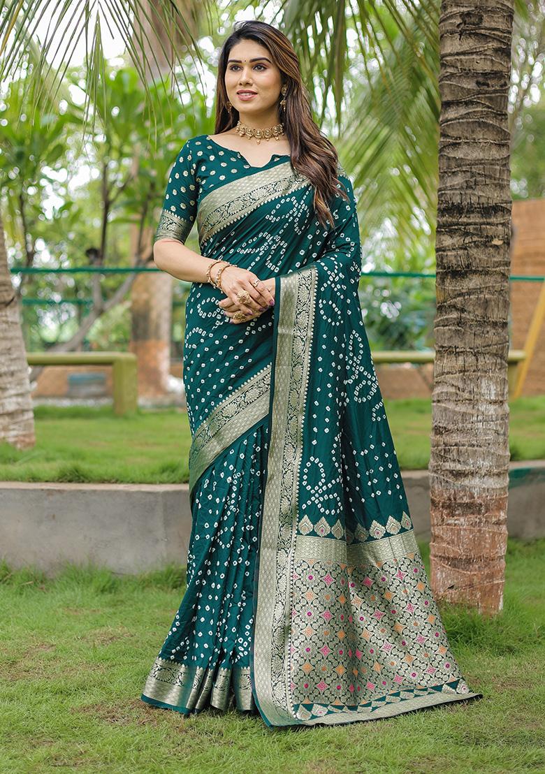 Dark Green Bandhani Print Silk Saree Set