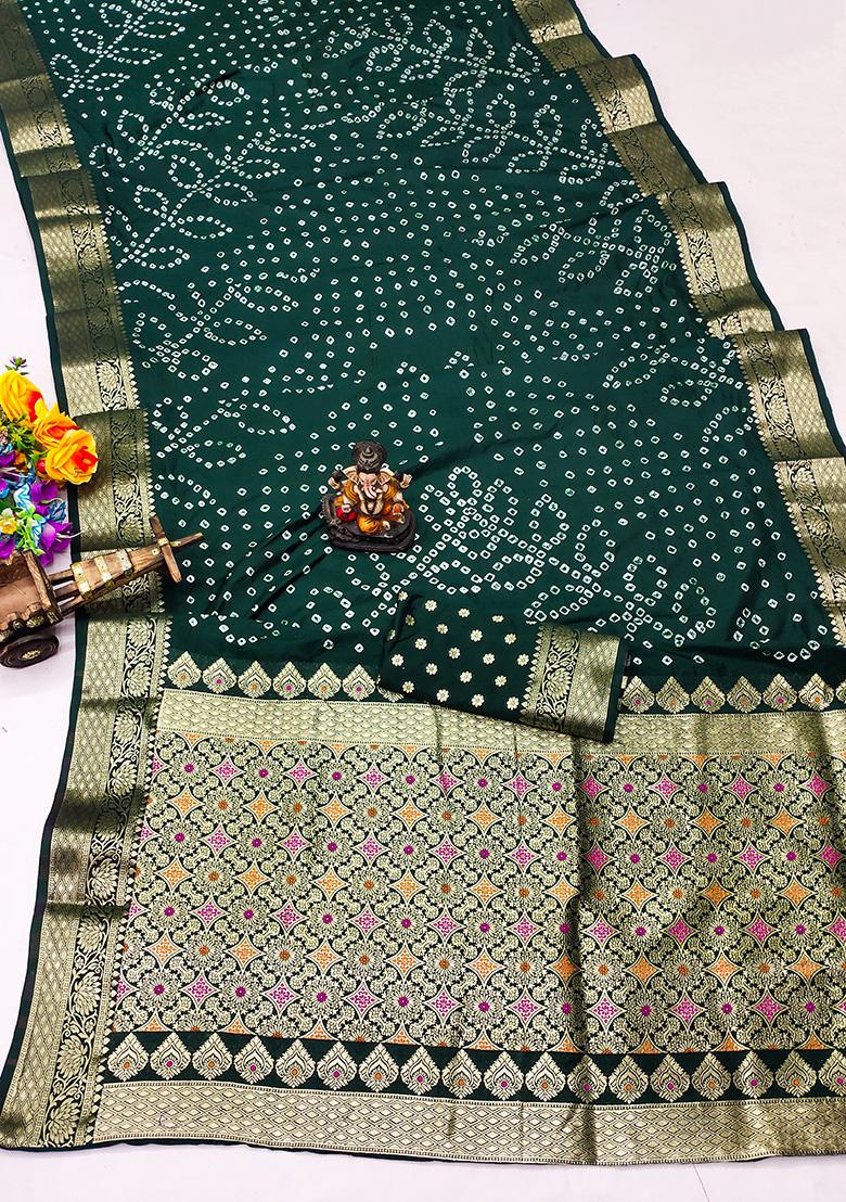 Dark Green Bandhani Print Silk Saree Set