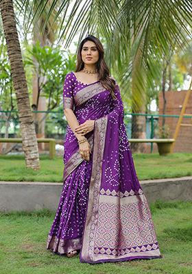 Dark Purple Bandhani Print Silk Saree Set
