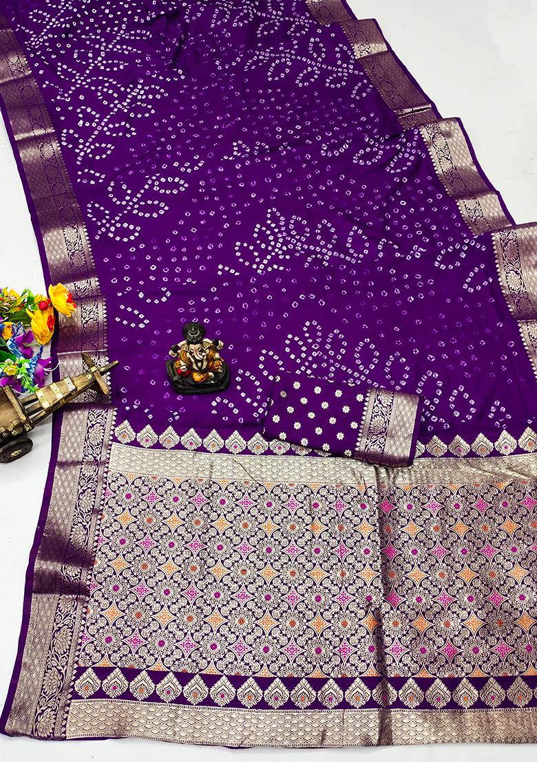 Dark Purple Bandhani Print Silk Saree Set