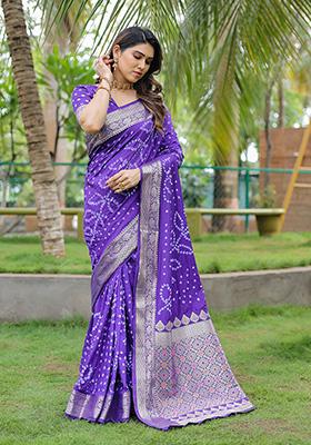 Purple Bandhani Print Silk Saree Set