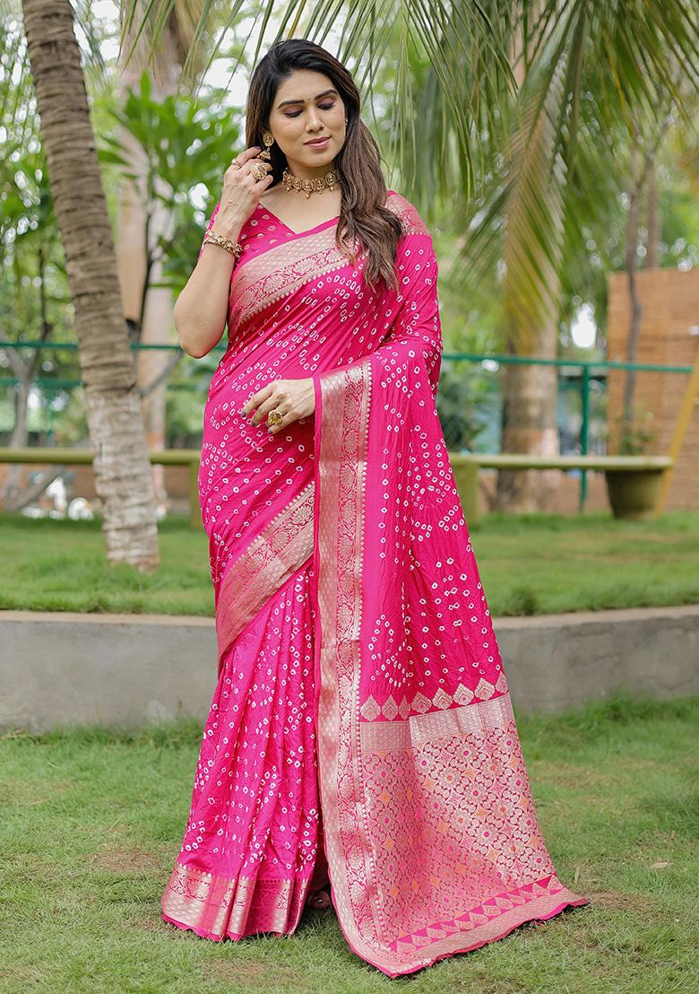 Rani Pink Bandhani Print Silk Saree Set