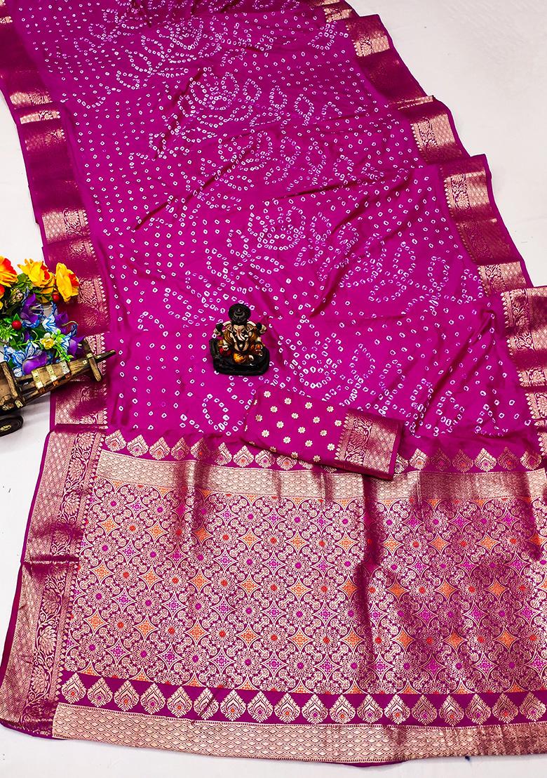 Rani Pink Bandhani Print Silk Saree Set