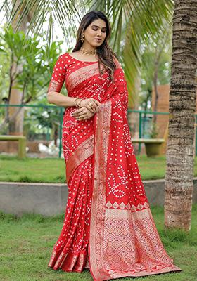 Red Bandhani Print Silk Saree Set