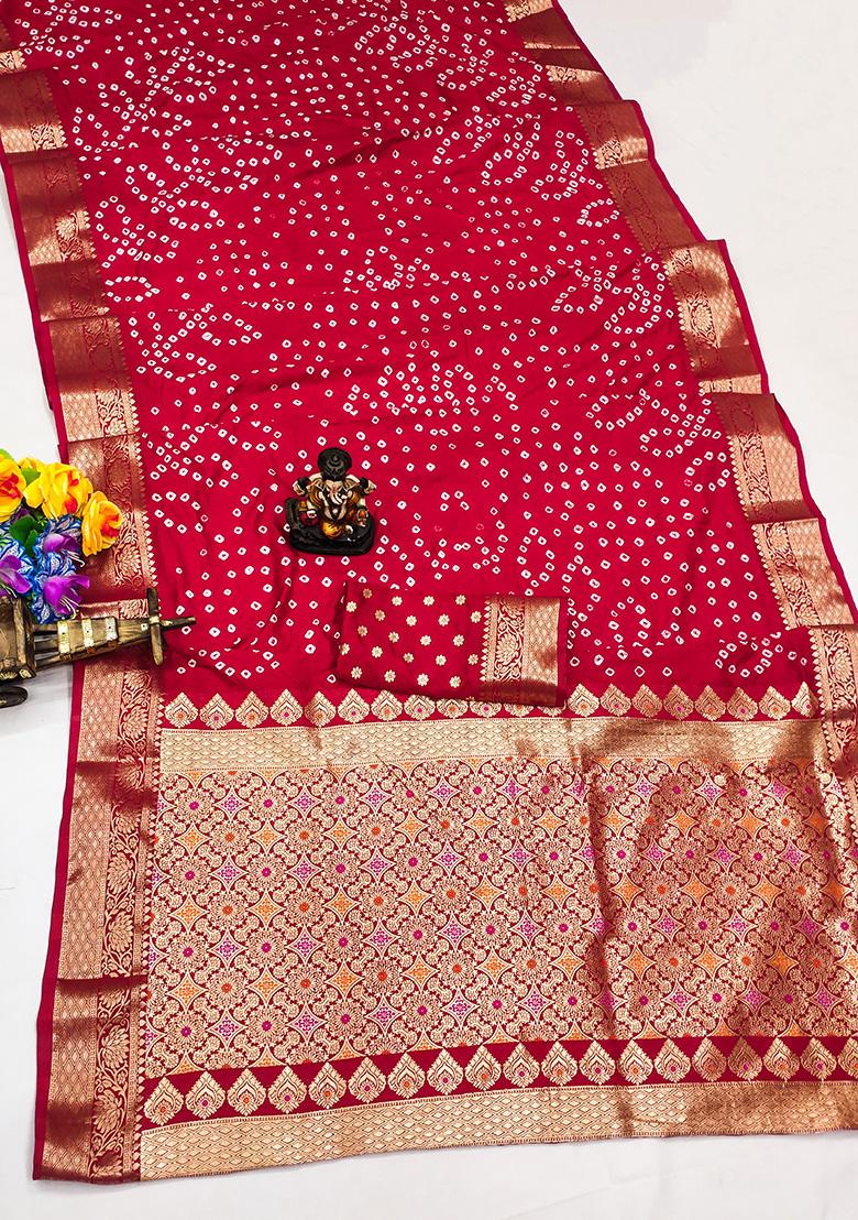 Red Bandhani Print Silk Saree Set