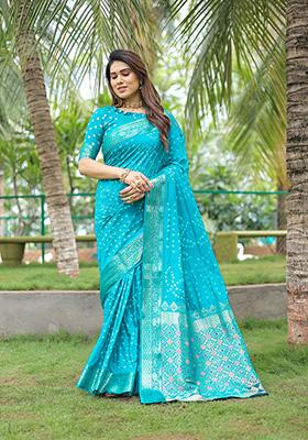 Sky Blue Bandhani Print Silk Saree Set