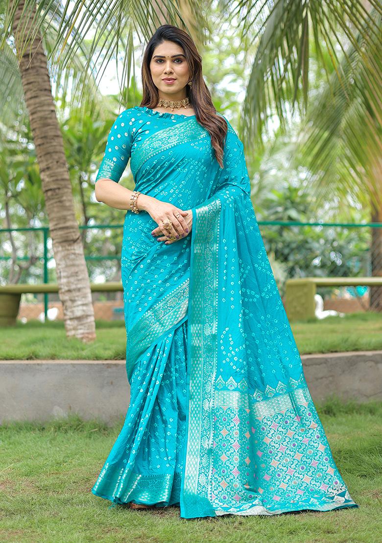 Sky Blue Bandhani Print Silk Saree Set