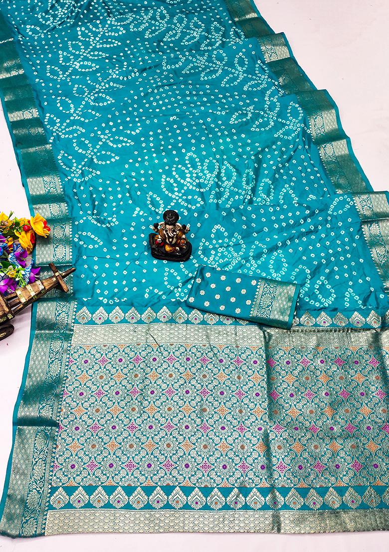 Sky Blue Bandhani Print Silk Saree Set