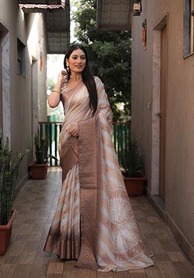 Brown Solid Silk Saree Set