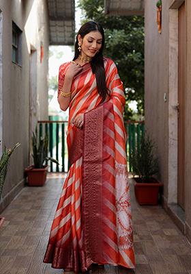 Orange Solid Silk Saree Set