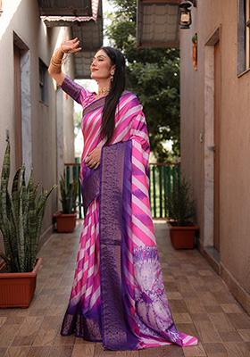 Pink Solid Silk Saree Set