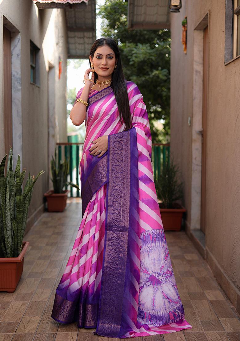 Pink Solid Silk Saree Set