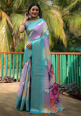 Light Blue Digital Print Silk Saree Set