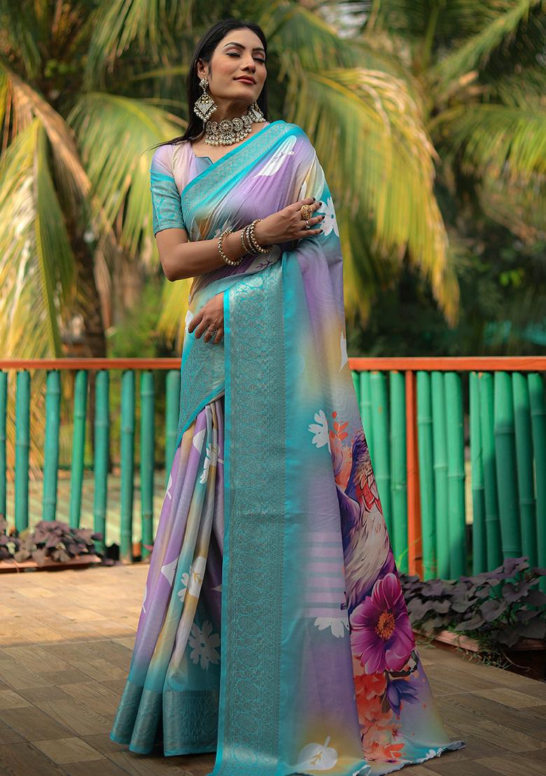 Light Blue Digital Print Silk Saree Set