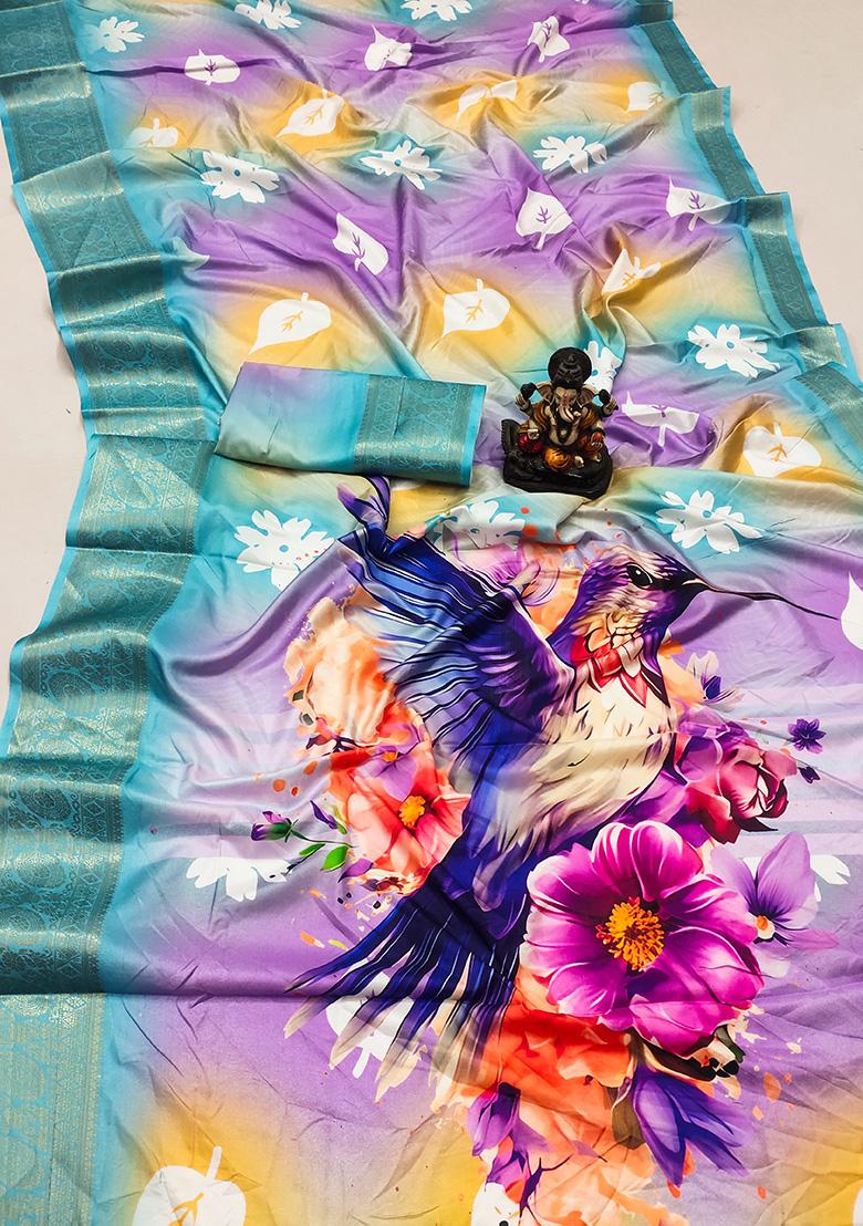 Light Blue Digital Print Silk Saree Set