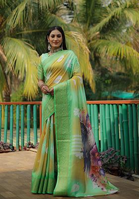 Light Green Digital Print Silk Saree Set