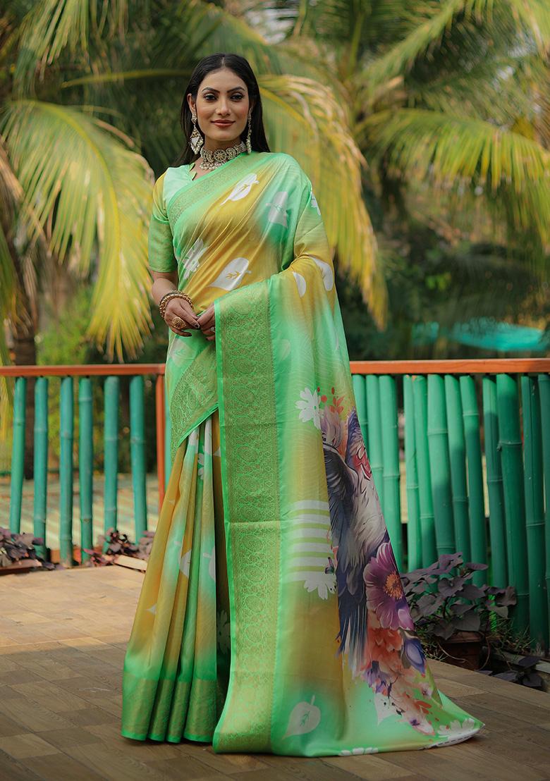 Light Green Digital Print Silk Saree Set