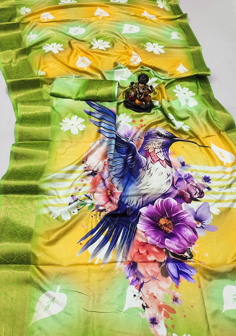 Light Green Digital Print Silk Saree Set