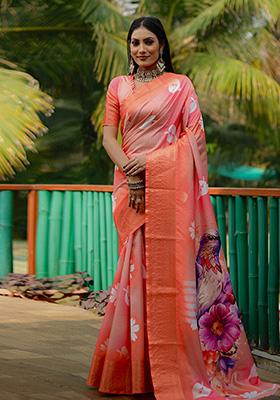Orange Digital Print Silk Saree Set