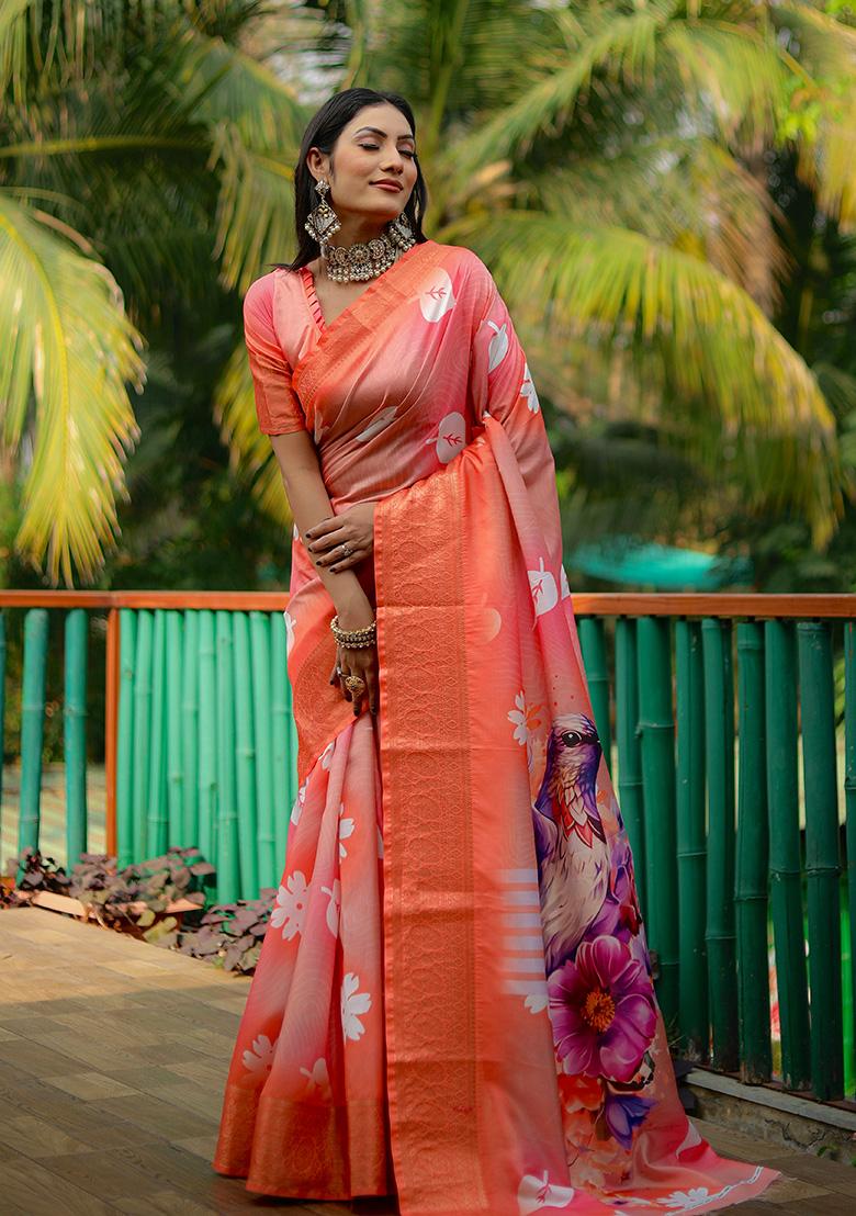 Orange Digital Print Silk Saree Set