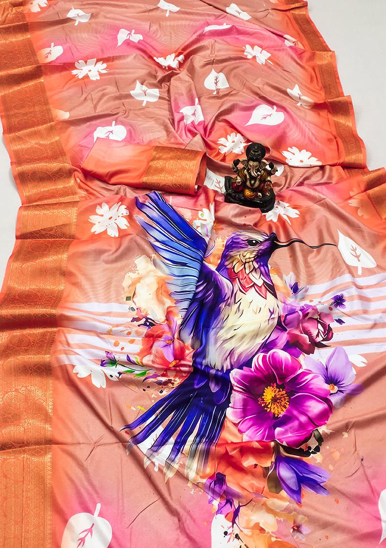 Orange Digital Print Silk Saree Set