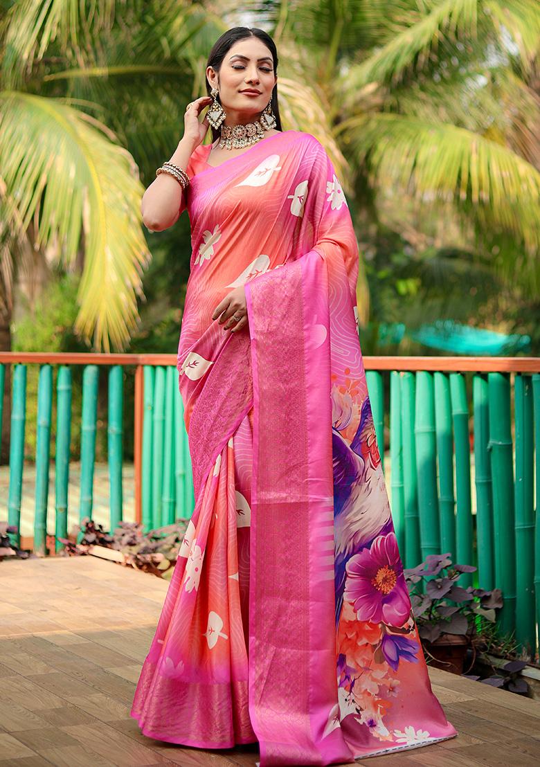Rani Pink Digital Print Silk Saree Set