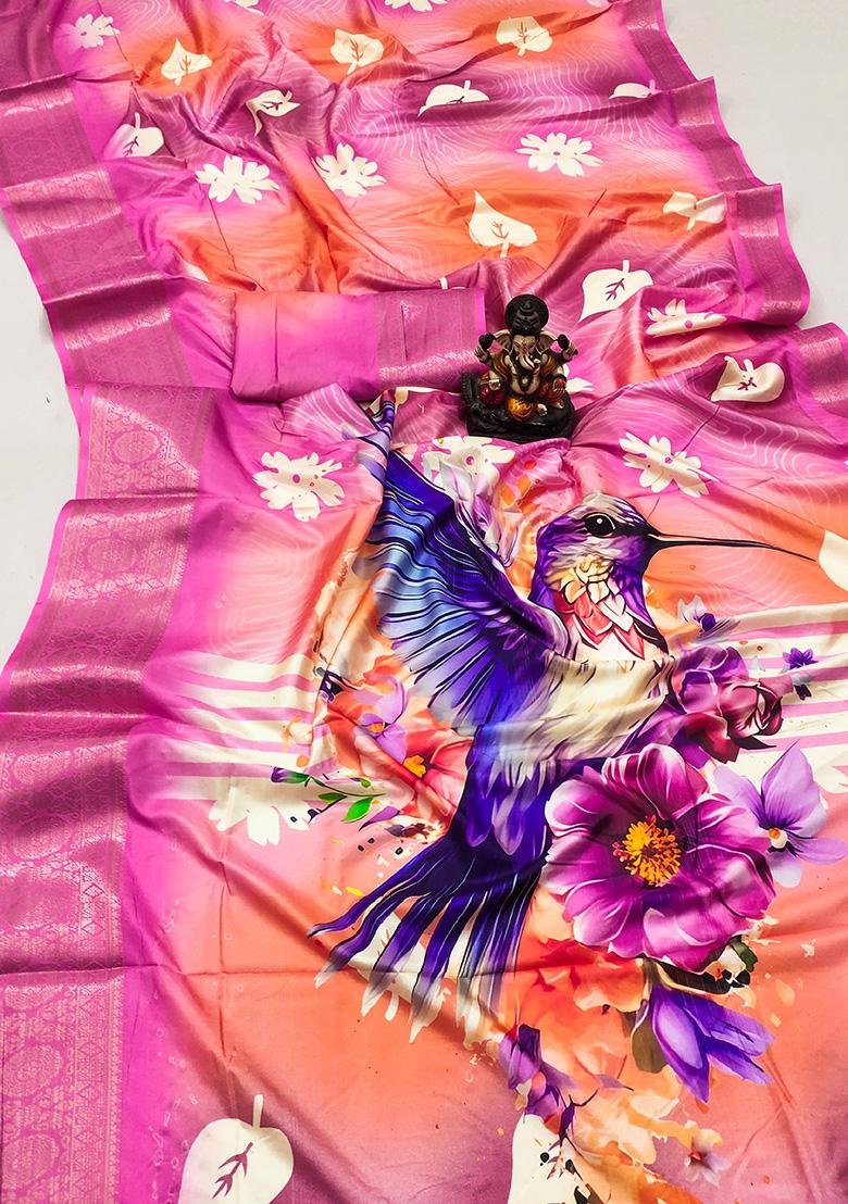 Rani Pink Digital Print Silk Saree Set