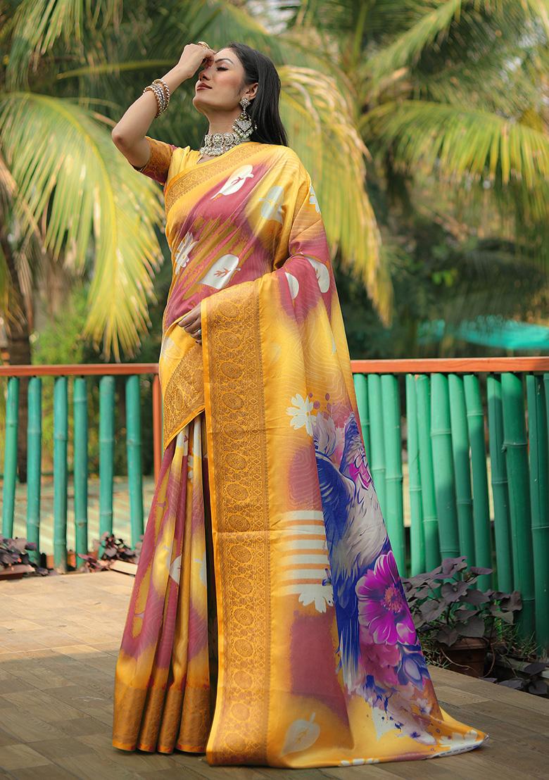 Yellow Digital Print Silk Saree Set