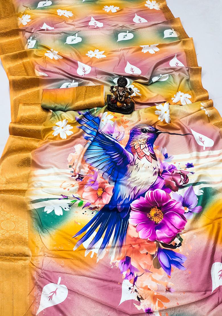 Yellow Digital Print Silk Saree Set