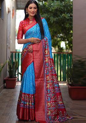 Blue Kalamkari Silk Saree Set