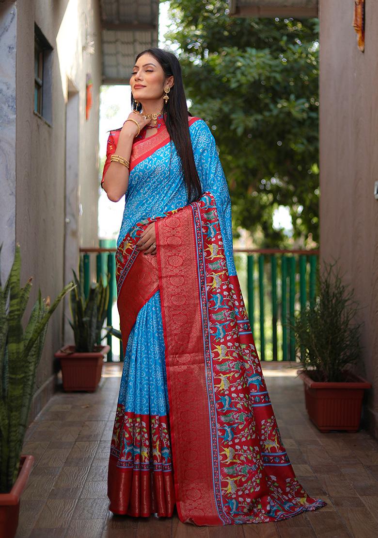 Blue Kalamkari Silk Saree Set
