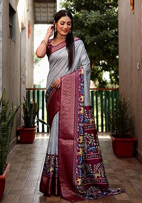 Grey Kalamkari Silk Saree Set