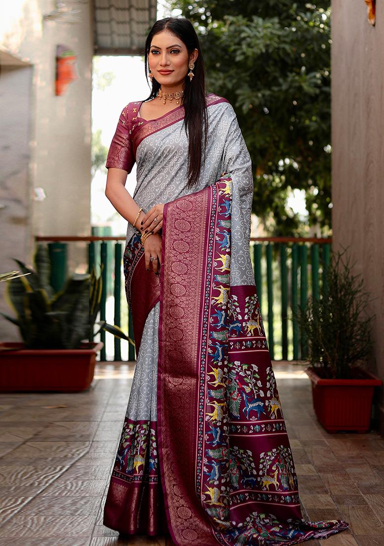 Grey Kalamkari Silk Saree Set